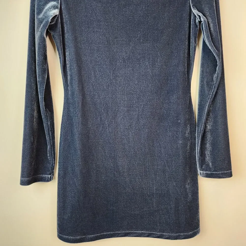 Reformation Jaelynn Mini Dress Blue Velvet Long Sleeve SMALL Boat Neck - Picture 4 of 7